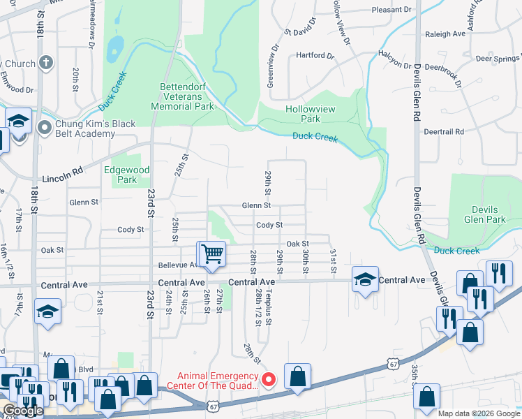 map of restaurants, bars, coffee shops, grocery stores, and more near 2805 Glenn Street in Bettendorf