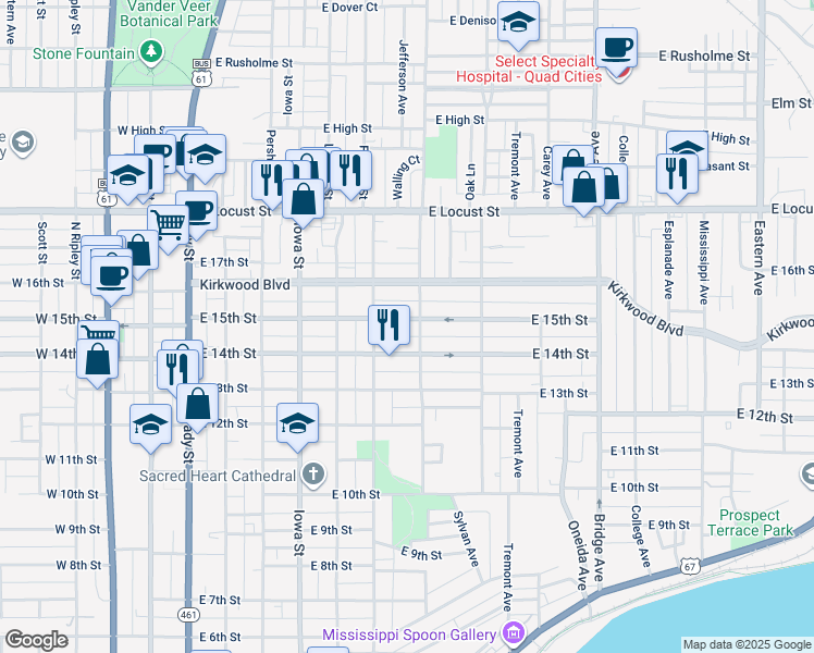map of restaurants, bars, coffee shops, grocery stores, and more near 631 East 15th Street in Davenport