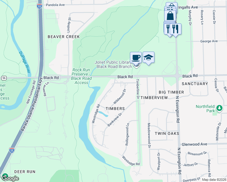 map of restaurants, bars, coffee shops, grocery stores, and more near 712 Westridge Road in Joliet