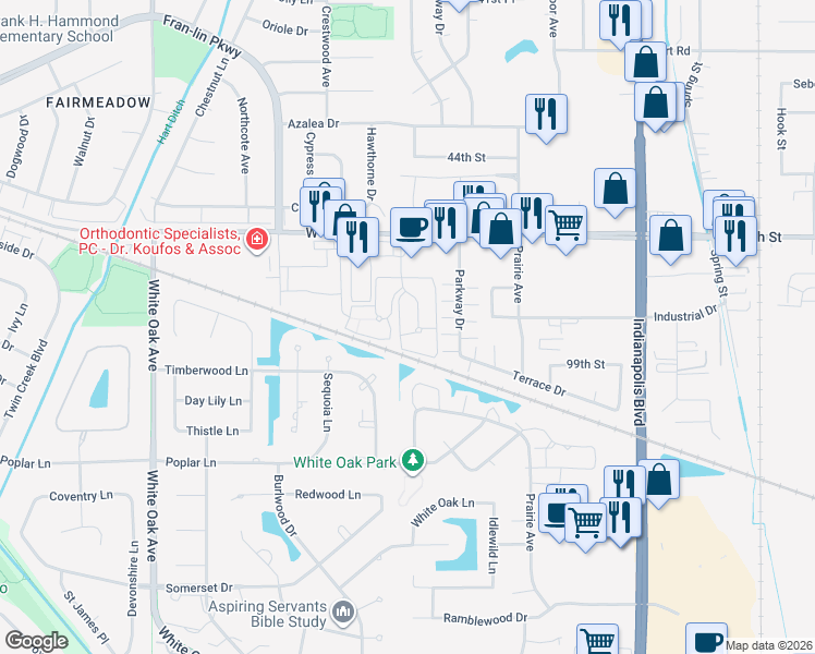 map of restaurants, bars, coffee shops, grocery stores, and more near 9824 Wildwood Court in Highland