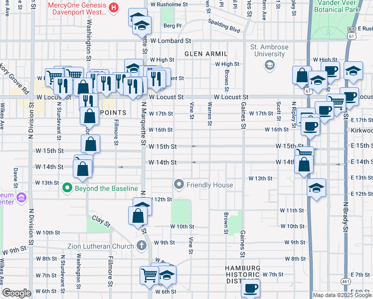 map of restaurants, bars, coffee shops, grocery stores, and more near 1009 West 15th Street in Davenport