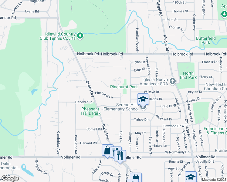 map of restaurants, bars, coffee shops, grocery stores, and more near 1702 Lynwood Court in Flossmoor