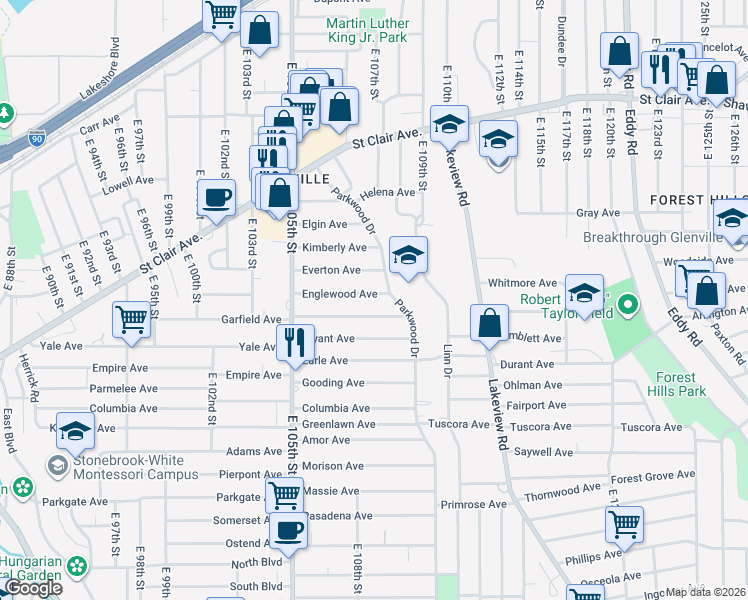 map of restaurants, bars, coffee shops, grocery stores, and more near 10730 Englewood Ave in Cleveland