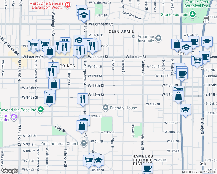 map of restaurants, bars, coffee shops, grocery stores, and more near 1015 West 15th Street in Davenport