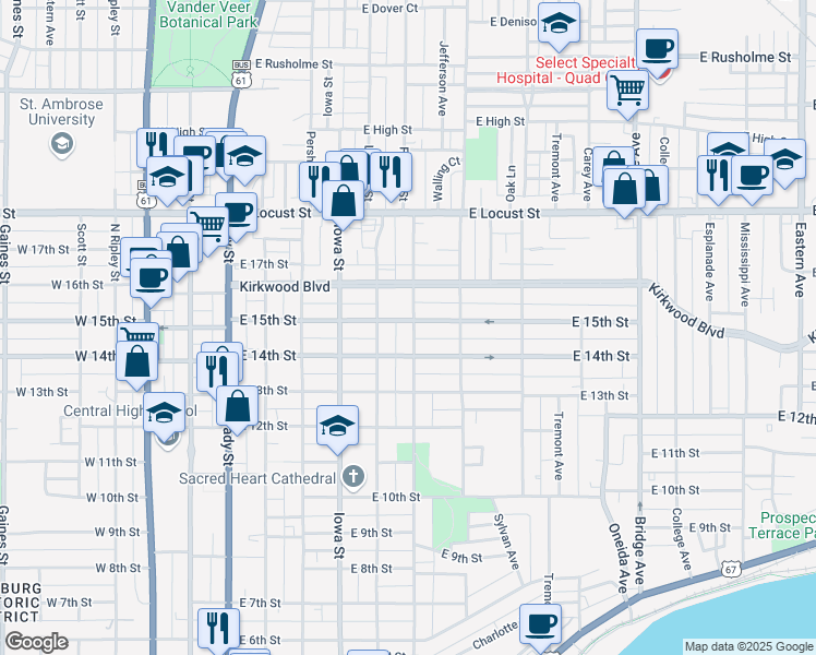 map of restaurants, bars, coffee shops, grocery stores, and more near 531 East 15th Street in Davenport