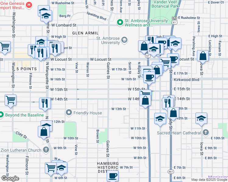 map of restaurants, bars, coffee shops, grocery stores, and more near 617 West 15th Street in Davenport