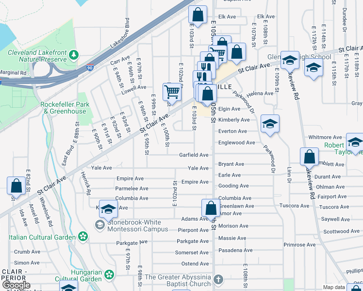 map of restaurants, bars, coffee shops, grocery stores, and more near 10114 Flora Avenue in Cleveland