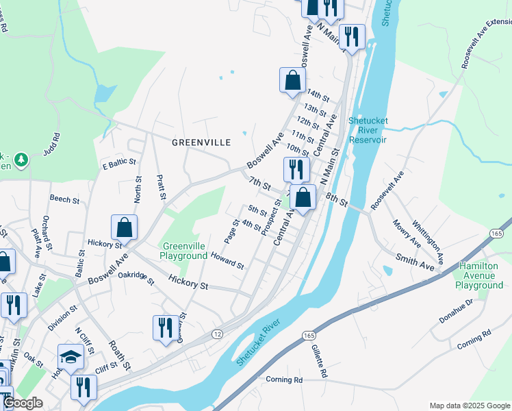 map of restaurants, bars, coffee shops, grocery stores, and more near 97 5th Street in Norwich