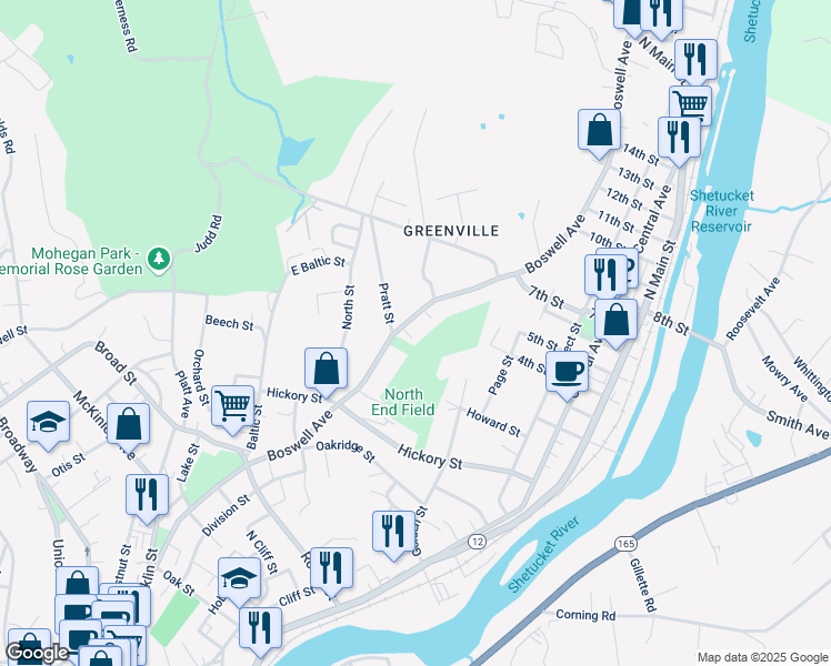 map of restaurants, bars, coffee shops, grocery stores, and more near 299 Boswell Avenue in Norwich