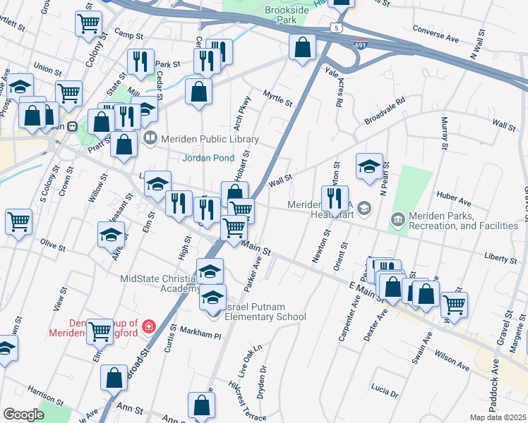 map of restaurants, bars, coffee shops, grocery stores, and more near 583 Broad Street in Meriden