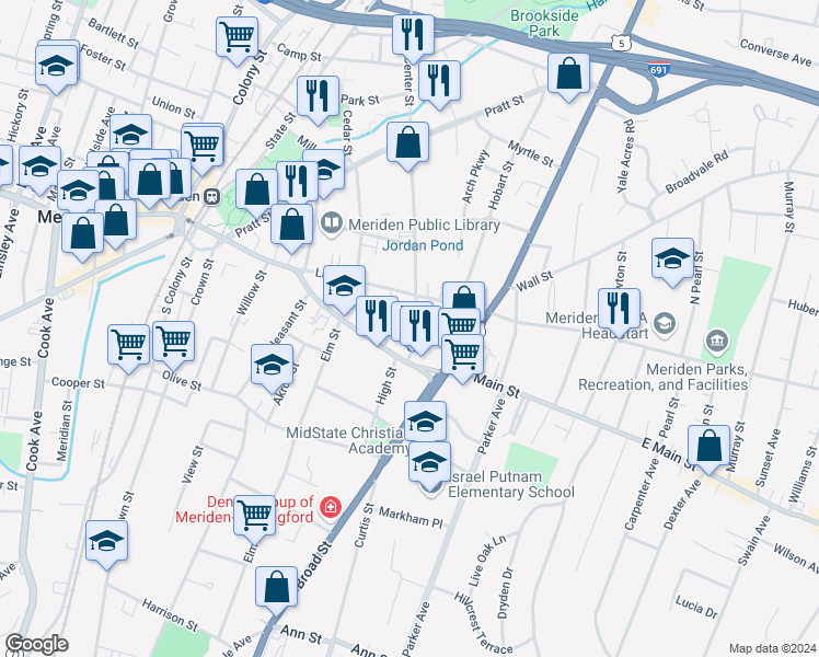 map of restaurants, bars, coffee shops, grocery stores, and more near 36 Center Street in Meriden