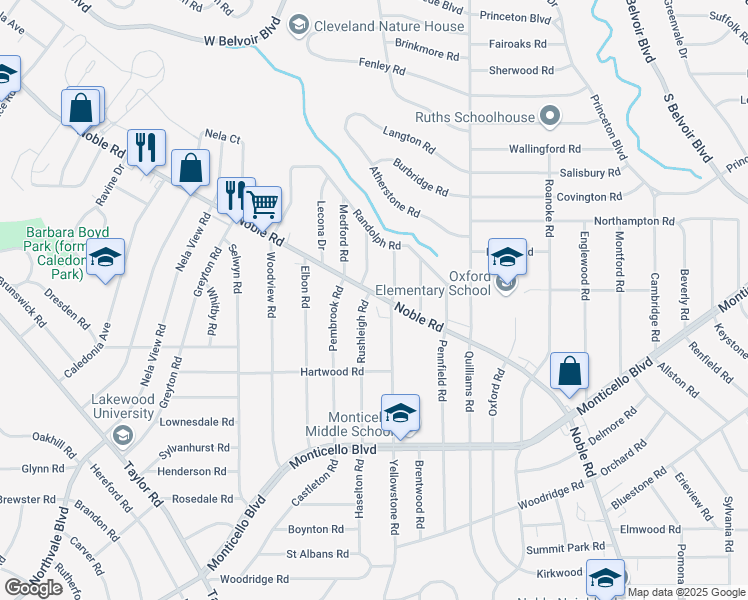 map of restaurants, bars, coffee shops, grocery stores, and more near 2360 Noble Road in Cleveland Heights