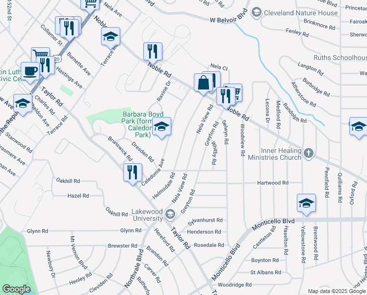 map of restaurants, bars, coffee shops, grocery stores, and more near 924 Nela View Road in Cleveland Heights