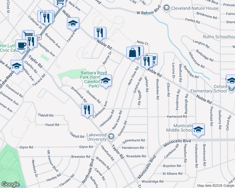 map of restaurants, bars, coffee shops, grocery stores, and more near 927 Caledonia Avenue in Cleveland Heights