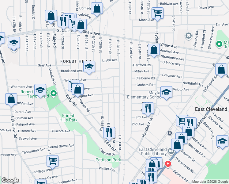 map of restaurants, bars, coffee shops, grocery stores, and more near 13001 Arlington Avenue in Cleveland