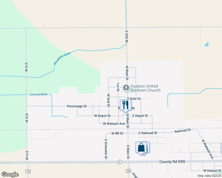 map of restaurants, bars, coffee shops, grocery stores, and more near 201-299 W Zonker St in Hudson