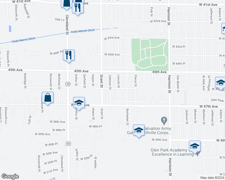 map of restaurants, bars, coffee shops, grocery stores, and more near 1427 West 46th Avenue in Gary