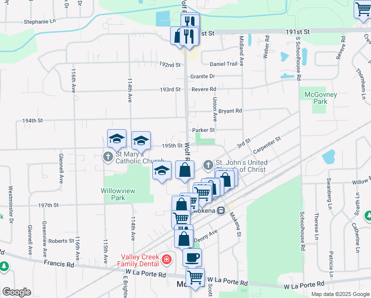 map of restaurants, bars, coffee shops, grocery stores, and more near 19501 Wolf Road in Mokena