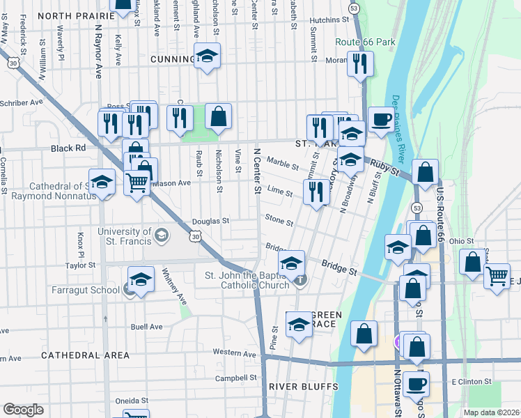 map of restaurants, bars, coffee shops, grocery stores, and more near 607 North Center Street in Joliet