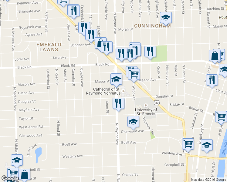 map of restaurants, bars, coffee shops, grocery stores, and more near 608 North Raynor Avenue in Joliet