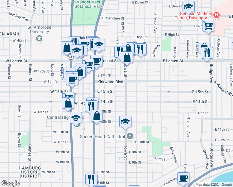 map of restaurants, bars, coffee shops, grocery stores, and more near 1504 Pershing Avenue in Davenport
