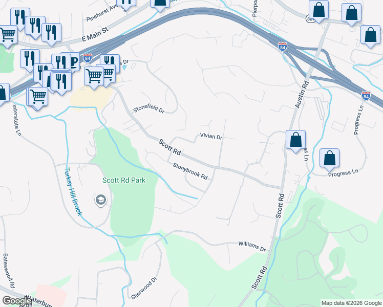 map of restaurants, bars, coffee shops, grocery stores, and more near 409 Scott Road in Waterbury