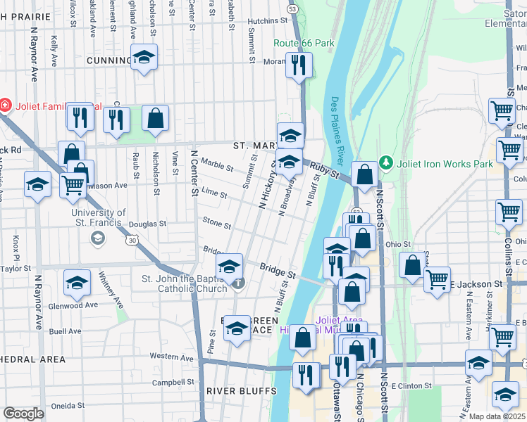 map of restaurants, bars, coffee shops, grocery stores, and more near 624 North Hickory Street in Joliet
