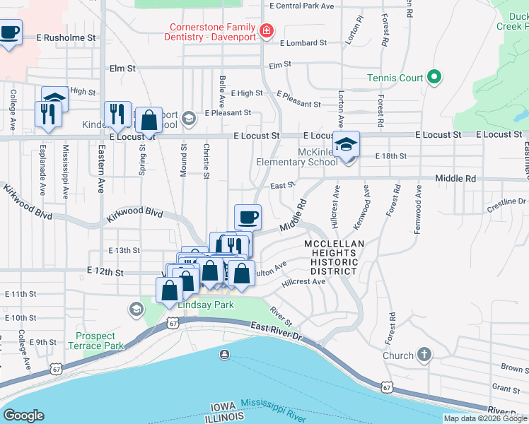 map of restaurants, bars, coffee shops, grocery stores, and more near 1435 Jersey Ridge Road in Davenport