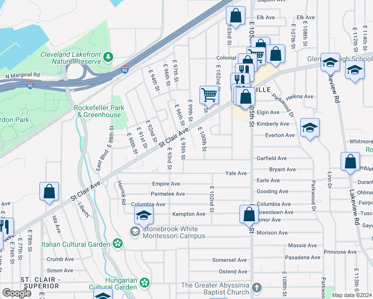 map of restaurants, bars, coffee shops, grocery stores, and more near 815 East 95th Street in Cleveland
