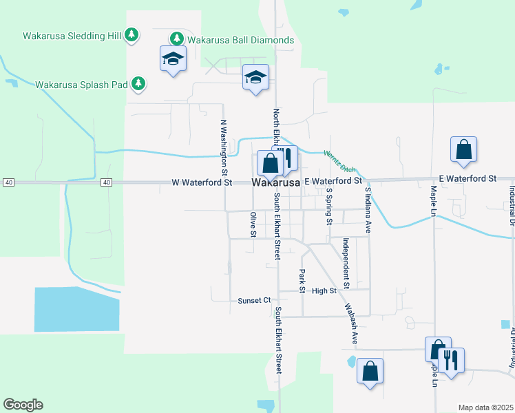 map of restaurants, bars, coffee shops, grocery stores, and more near 110 Olive Street in Goshen
