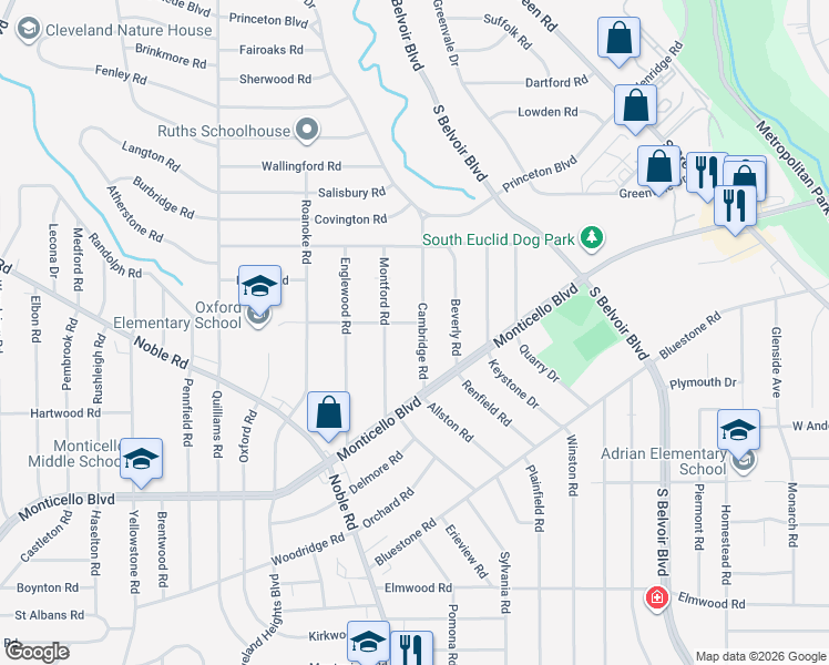 map of restaurants, bars, coffee shops, grocery stores, and more near 926 Cambridge Road in Cleveland Heights
