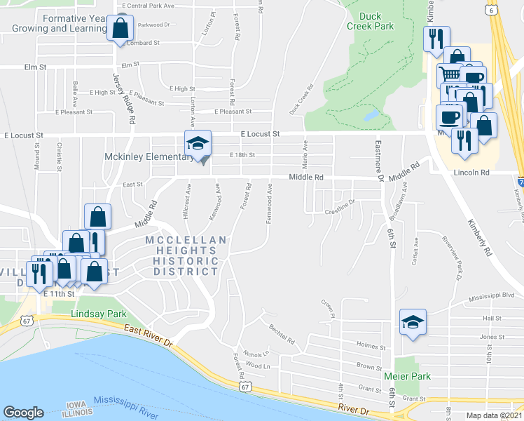 map of restaurants, bars, coffee shops, grocery stores, and more near 238 Fernwood Avenue in Davenport