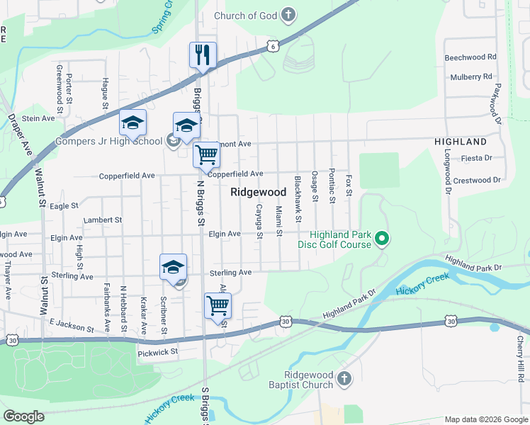 map of restaurants, bars, coffee shops, grocery stores, and more near 512 Cayuga St in Joliet