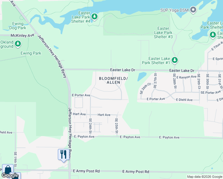 map of restaurants, bars, coffee shops, grocery stores, and more near 2448 East Kenyon Avenue in Des Moines