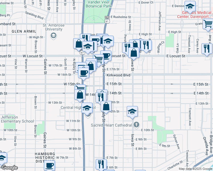 map of restaurants, bars, coffee shops, grocery stores, and more near 1429 Brady Street in Davenport