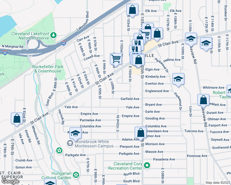 map of restaurants, bars, coffee shops, grocery stores, and more near 823 East 100th Street in Cleveland