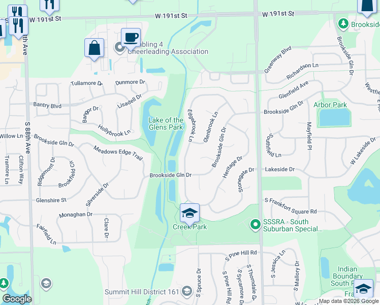 map of restaurants, bars, coffee shops, grocery stores, and more near 19537 Edgebrook Lane in Tinley Park