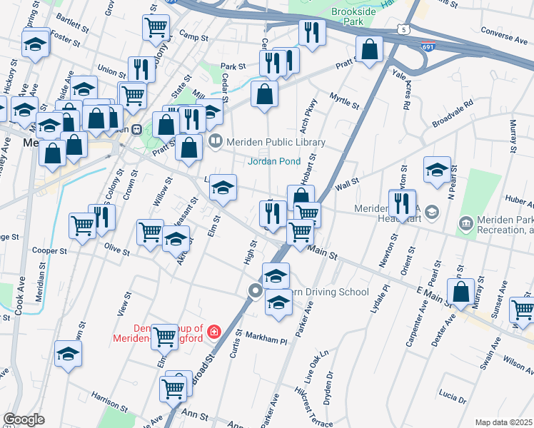 map of restaurants, bars, coffee shops, grocery stores, and more near 36 Center Street in Meriden