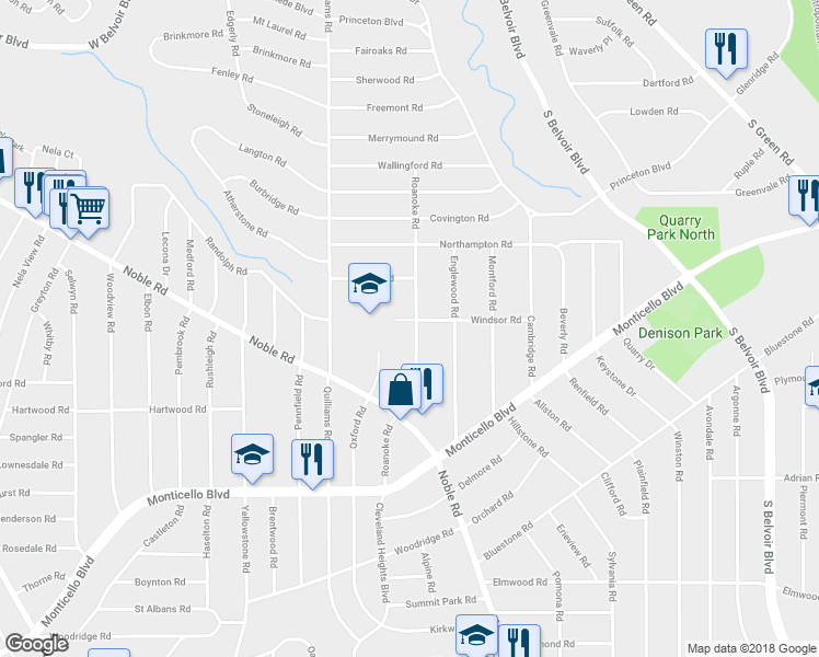 map of restaurants, bars, coffee shops, grocery stores, and more near 922 Roanoke Road in Cleveland Heights