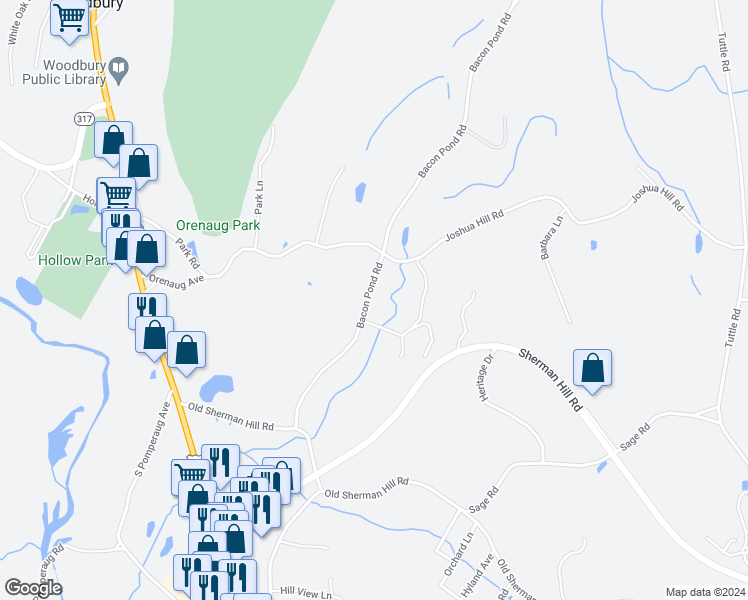 map of restaurants, bars, coffee shops, grocery stores, and more near 221 Bacon Pond Road in Woodbury