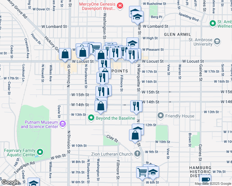 map of restaurants, bars, coffee shops, grocery stores, and more near 1416 West 15th Street in Davenport