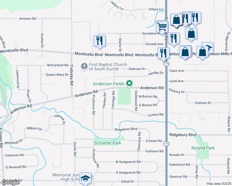 map of restaurants, bars, coffee shops, grocery stores, and more near 925 Learidge Road in Lyndhurst