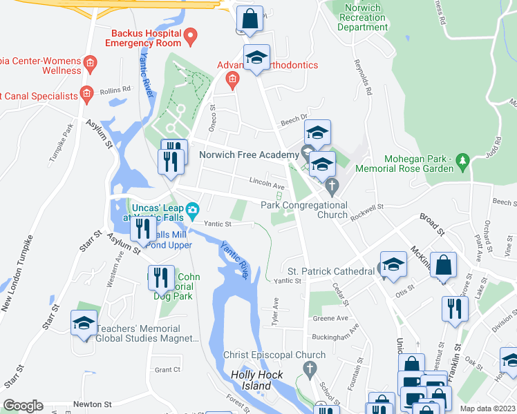 map of restaurants, bars, coffee shops, grocery stores, and more near 3 Sachem Terrace in Norwich