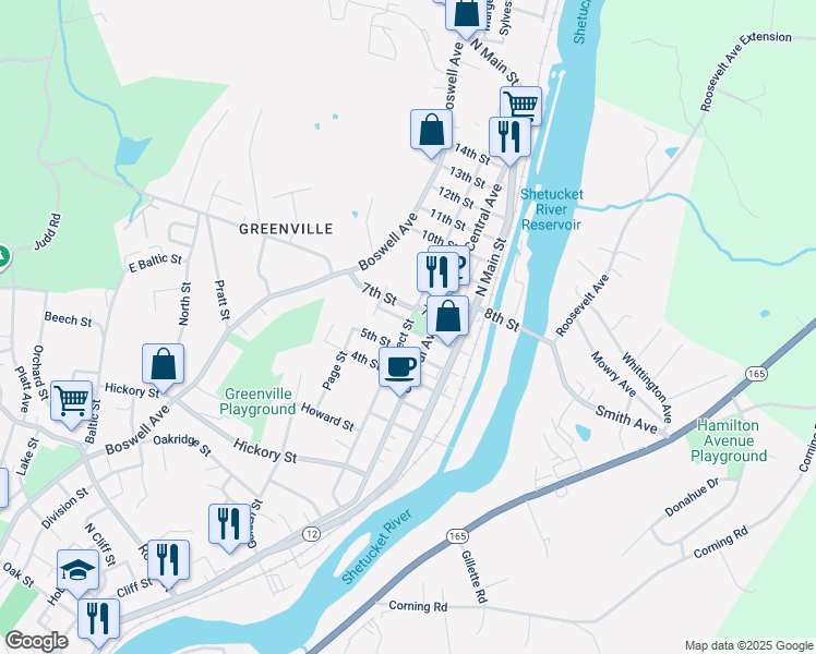 map of restaurants, bars, coffee shops, grocery stores, and more near 55 6th Street in Norwich