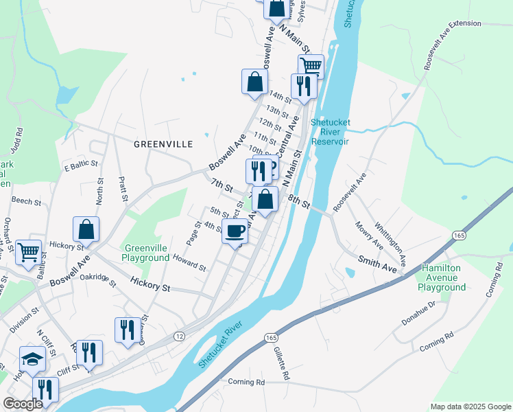 map of restaurants, bars, coffee shops, grocery stores, and more near 261 Central Avenue in Norwich