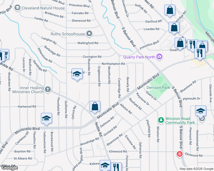 map of restaurants, bars, coffee shops, grocery stores, and more near 926 Montford Road in Cleveland Heights