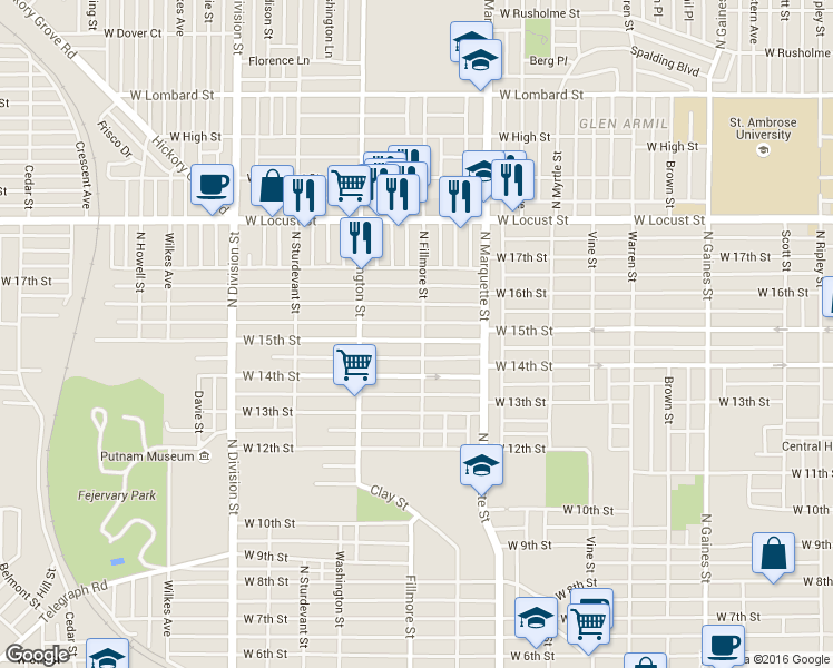 map of restaurants, bars, coffee shops, grocery stores, and more near 1402 W 15th St in Davenport