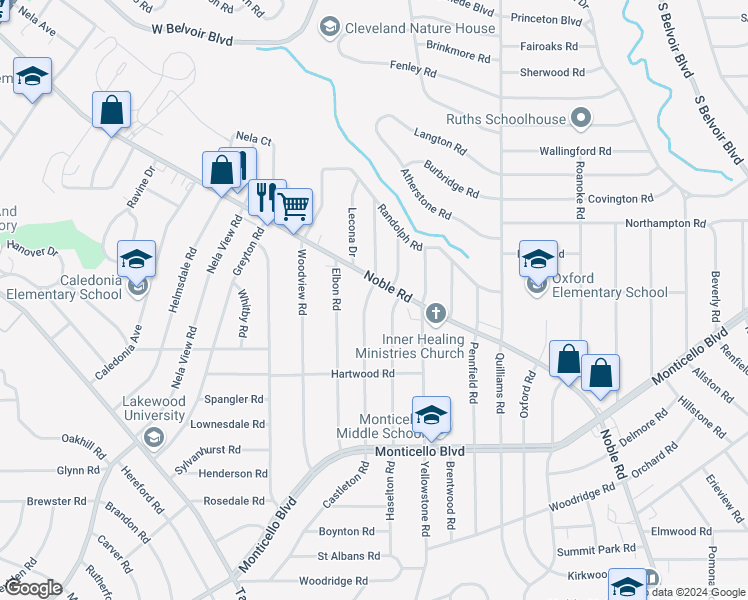 map of restaurants, bars, coffee shops, grocery stores, and more near 937 Pembrook Road in Cleveland Heights