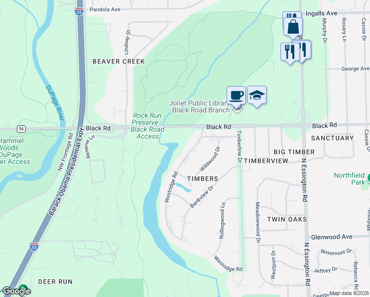 map of restaurants, bars, coffee shops, grocery stores, and more near 701 Westridge Road in Joliet