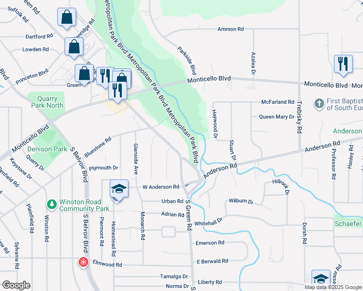 map of restaurants, bars, coffee shops, grocery stores, and more near 939 South Green Road in South Euclid